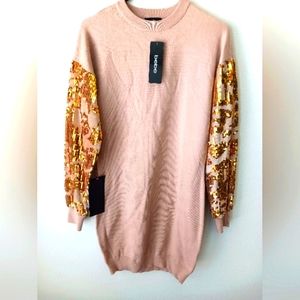 Bebe Sequin Sweater Dress Tan Gold Size Small NWT!